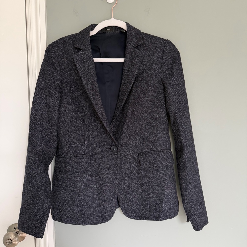 Theory "Gabrielle" Dashed Wool Navy Blue One Button Blazer Business Casual